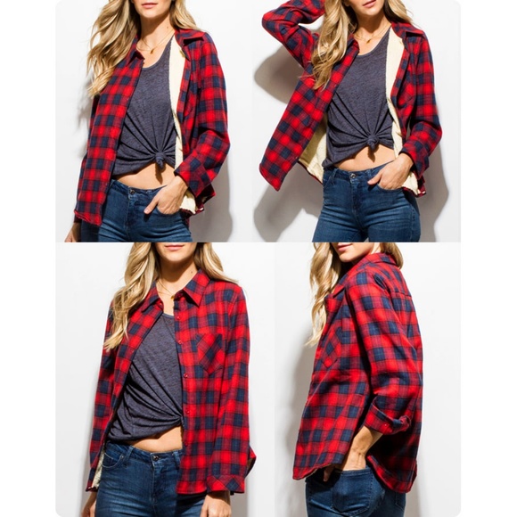 Red Sherpa Lined Flannel Plaid Shirt Jacket Top - Picture 7 of 8